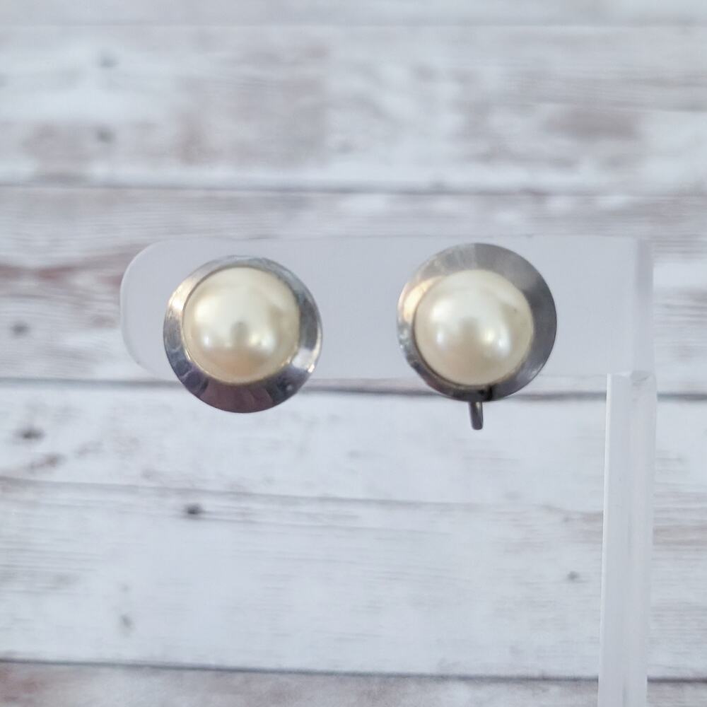 Vintage Screw On Earrings Faux Pearl with Metal Halo - Tarnished